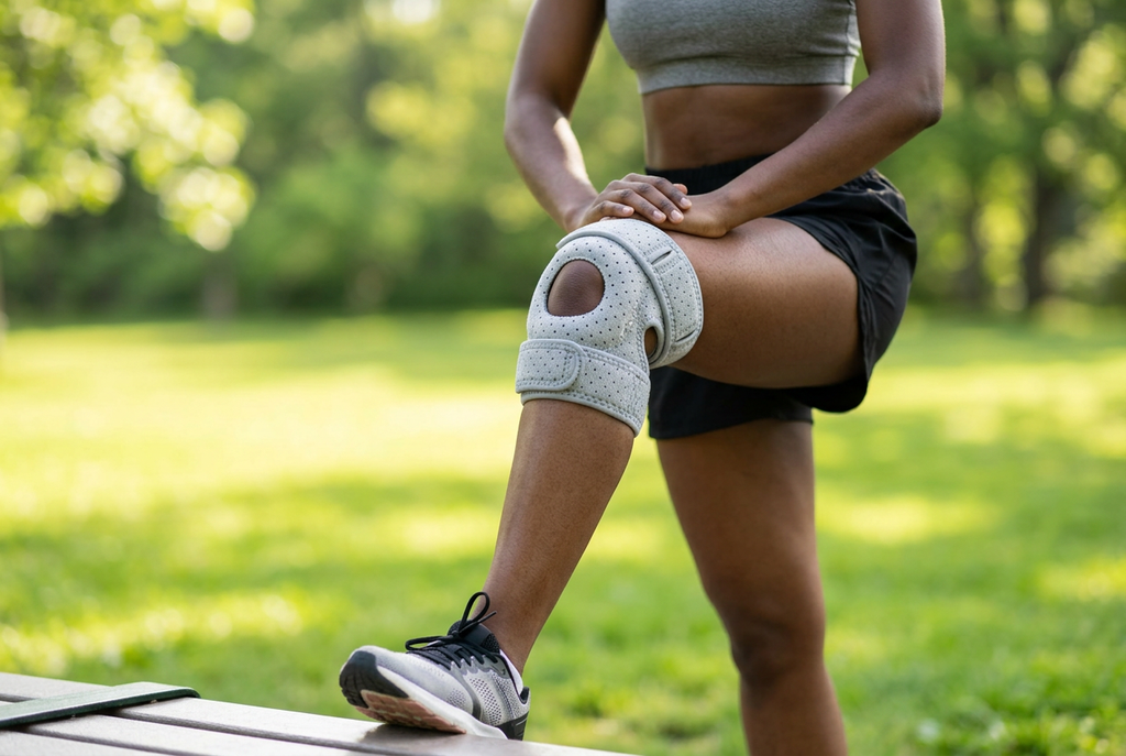 Personne portant la genouillère pendant un échauffement sportif